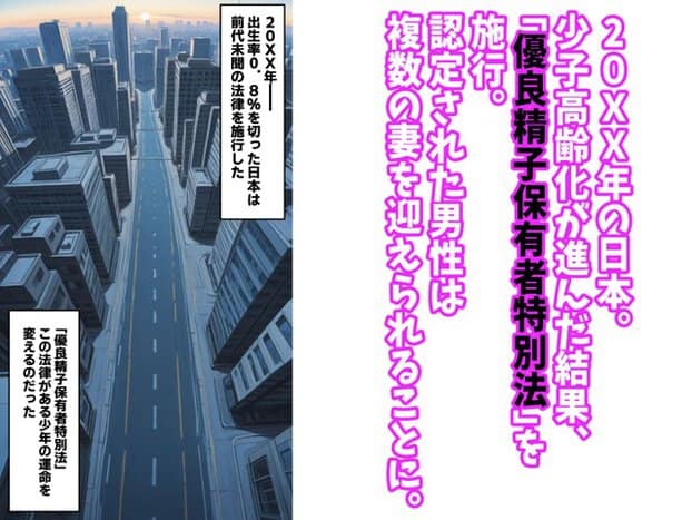 高層ビル街の道路と、優良精子保有者特別法を説明する導入ページ