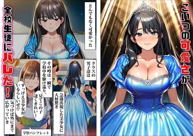 青いドレス姿の結衣がティアラを付け、肩を開いたままやわらかく笑う