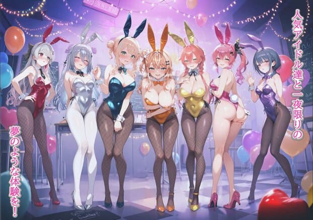 教室に7人のバニー衣装の女性が横一列で立ち、風船と照明の前でそれぞれポーズを取る