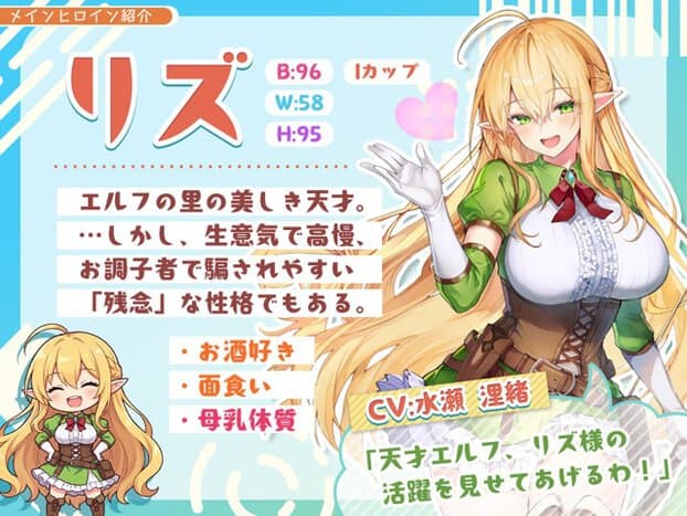 リズのプロフィール文と全身立ち絵、小さな表情カットが並ぶ