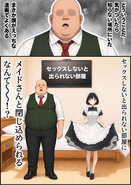 ベッドのある密室でメイド服の葵と太った男性が並び、男性は汗を流して口を開け、葵は無表情で立つ