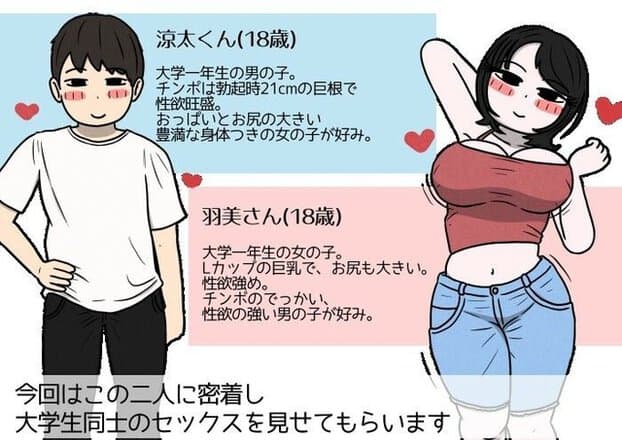 18歳の涼太くんと羽美さんが並び、羽美さんがLカップの巨乳と大きな尻を見せて腰をひねる