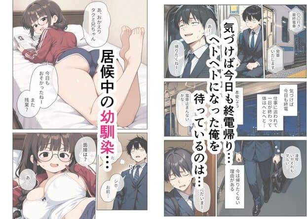 赤いジャージ姿のシホがベッドに寝転び、終電帰りの男性を振り返って迎える