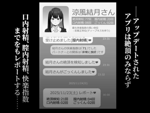 涼風結月の絶頂検知回数や口内射精、腟内射精の記録が並ぶアプリのレポート画面