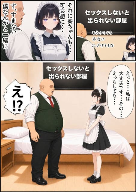 ベッドの前でメイド服の葵が両手を腹の前に重ね、緑のベストを着た男性と近い距離で向かい合う