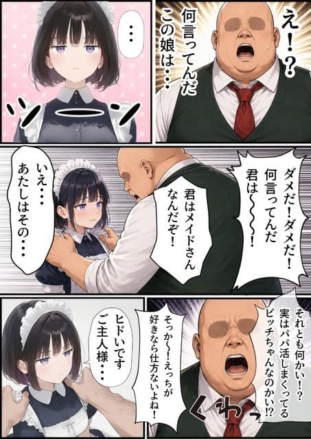 太った男性がメイド服姿の葵の両肩を掴んで顔を寄せ、葵は頬を赤くしながらジト目で見上げる