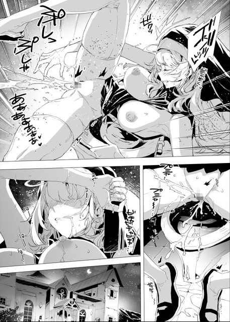 シスターが脚を開いて腰を浮かせ、指で秘部を激しく刺激しながら愛液をあふれさせて絶頂する